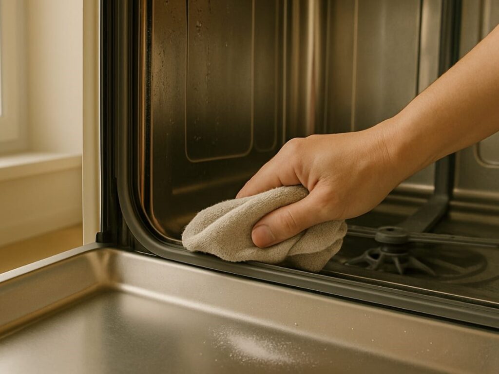 A hand using a soft cloth to wipe along the rubber gasket inside a dishwasher door, with the interior slightly damp and gleaming.