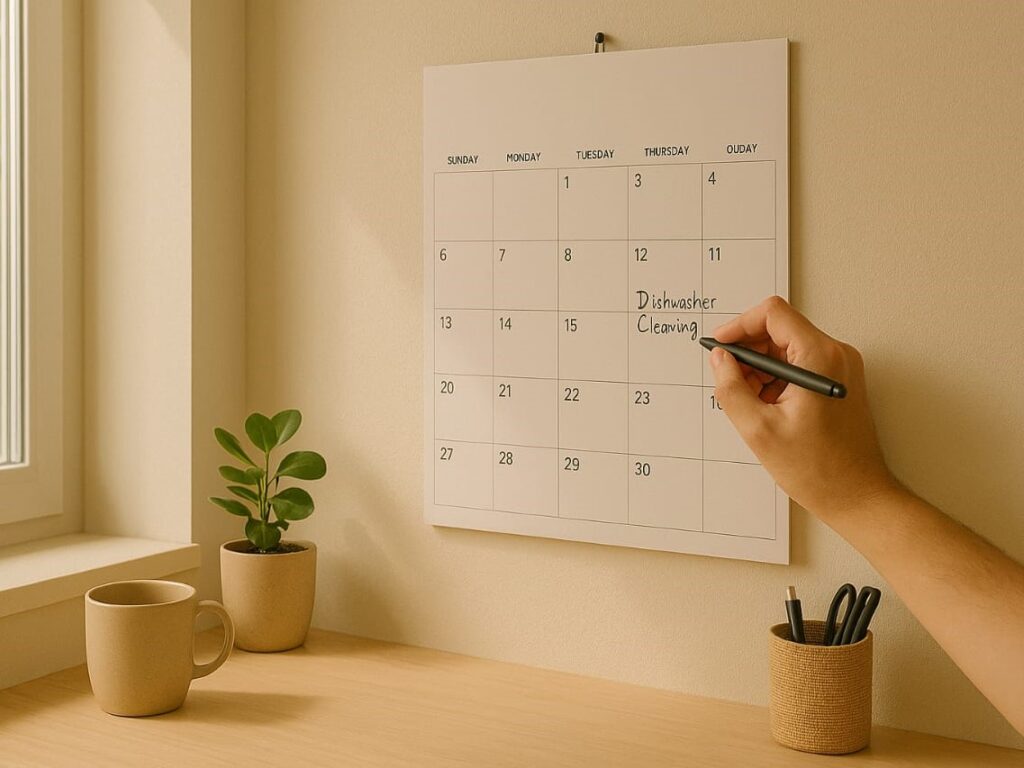 A hand writing “Dishwasher Cleaning” on a monthly wall calendar in a clean, sunlit kitchen space.