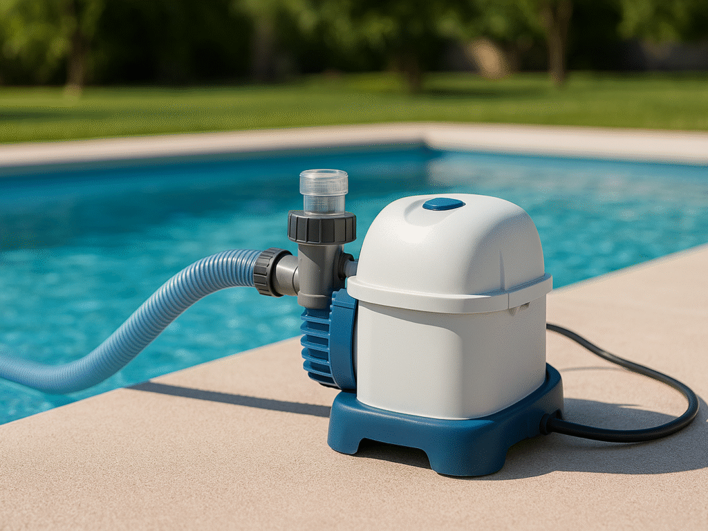 Lightweight portable pool vacuum pump on the edge of a backyard swimming pool, hose connected, ready for cleaning.