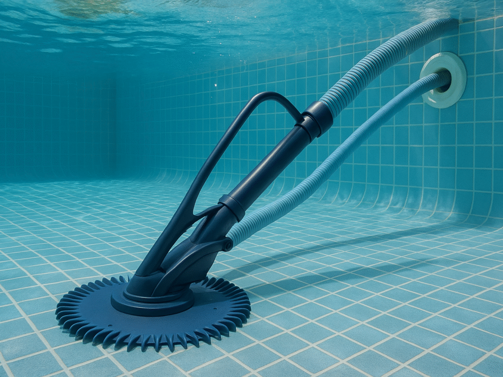 Traditional in-ground pool cleaner connected to built-in filtration system, cleaning pool floor in a residential backyard.