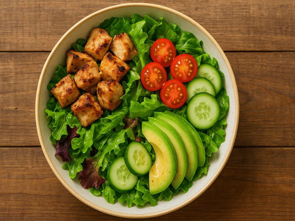 fresh turkey tip salad with grilled turkey pieces, mixed greens, tomatoes, cucumbers, and avocado.