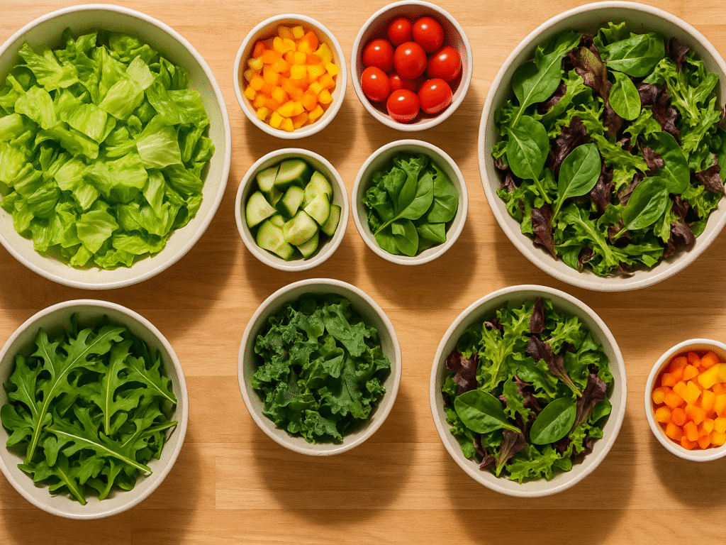 fresh salad greens including romaine, spinach, kale, arugula, and spring mix with chopped vegetables on a kitchen counter.