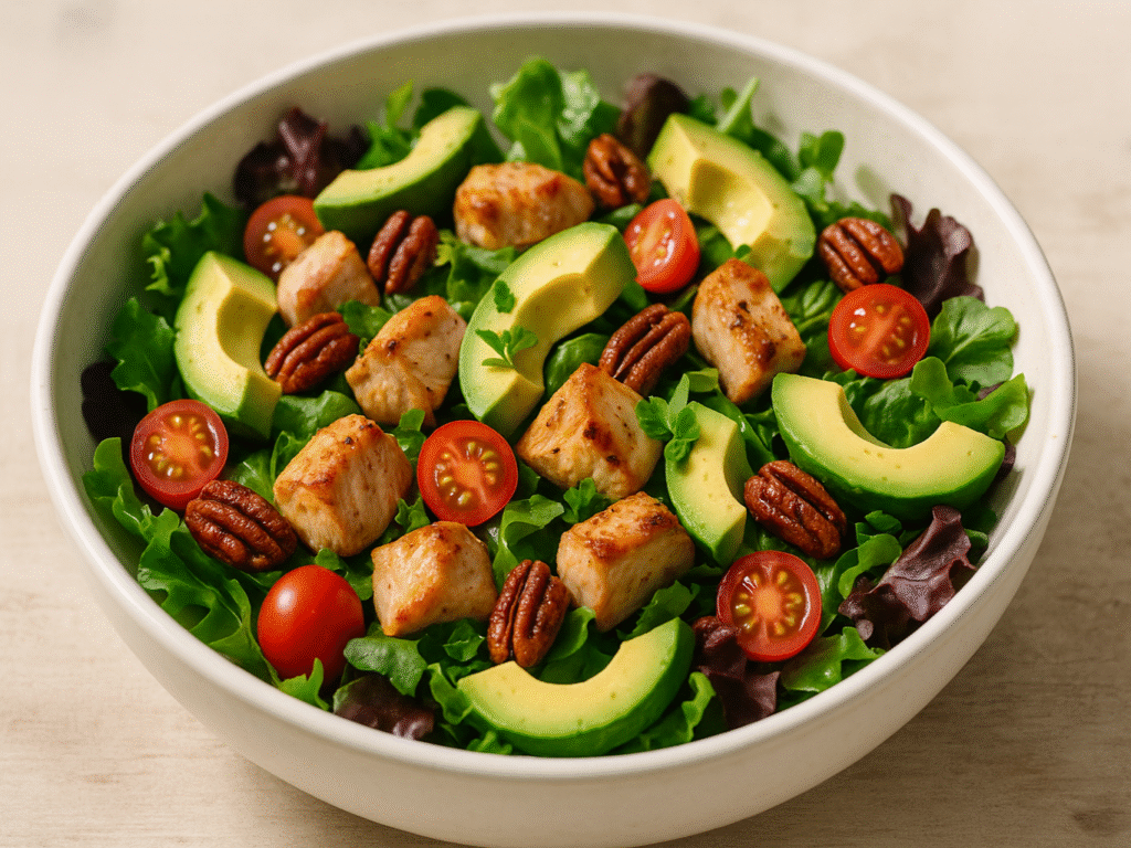 Fresh turkey tip avocado salad  in a white ceramic bowl.