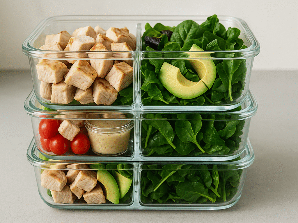 Glass meal prep containers with turkey tip avocado salad ingredients stored separately for freshness.