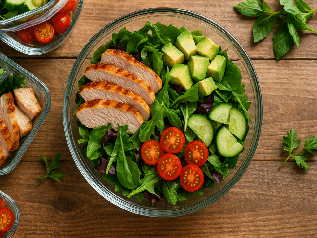 Fresh turkey tip salad with avocado, mixed greens, cherry tomatoes, and grilled turkey slices in a glass bowl.