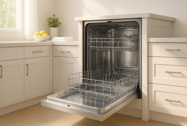 Open dishwasher with visible steam, sparkling clean interior, and fresh scent after cleaning.