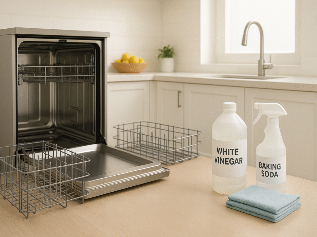 Open empty dishwasher with racks removed, cleaning supplies like vinegar and baking soda on the counter.

