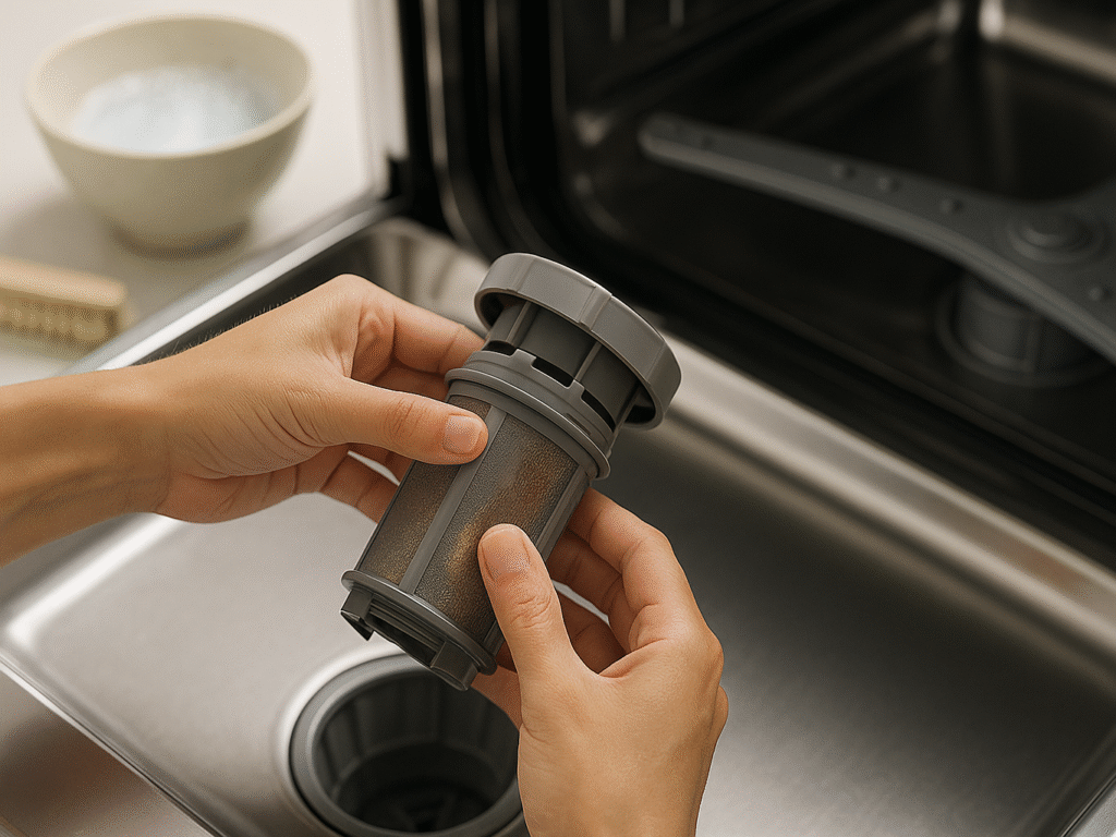Close-up of hands removing a dishwasher filter for cleaning.