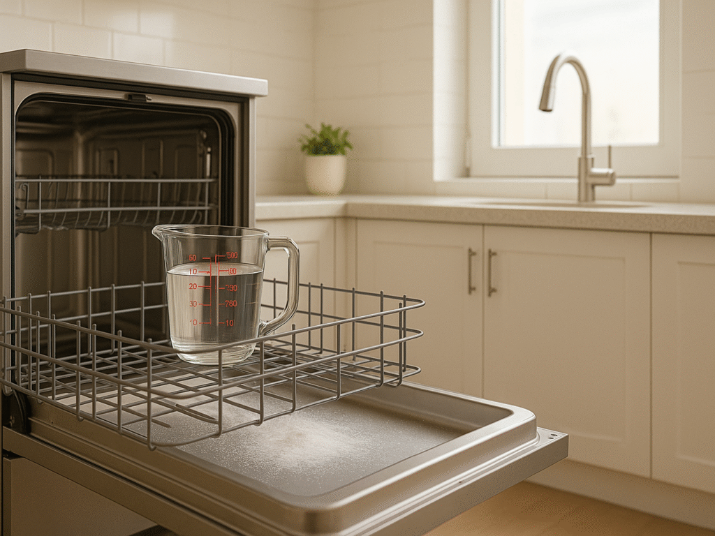 Open dishwasher with a cup of vinegar on the top rack and baking soda sprinkled inside.