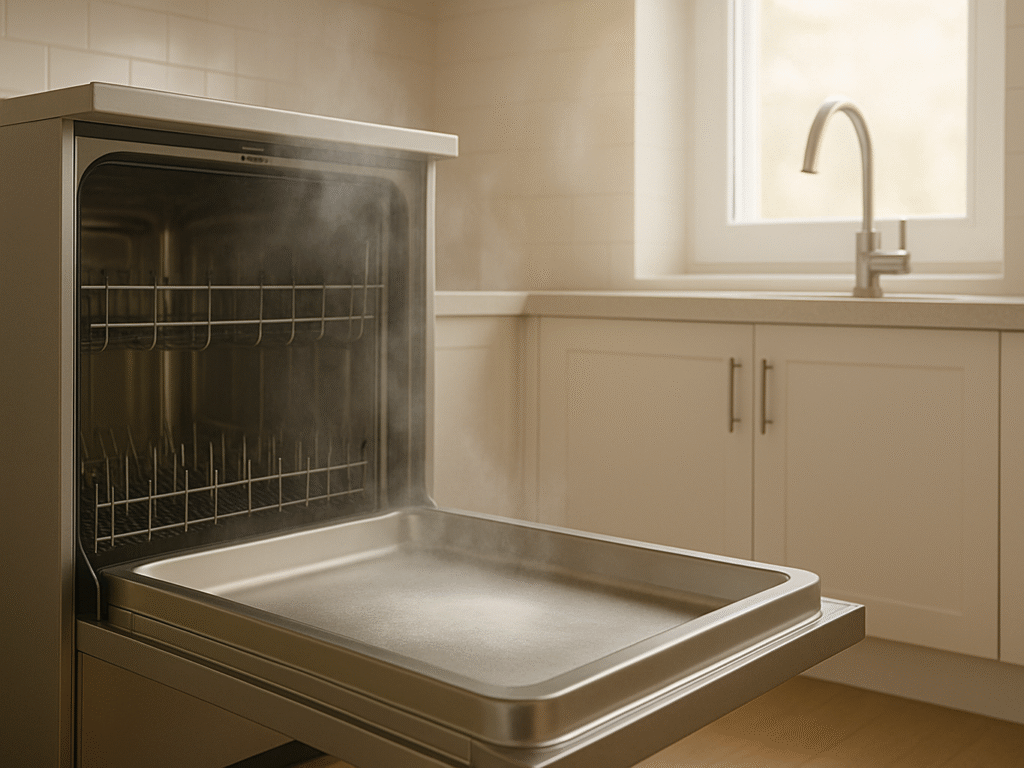 Dishwasher door open after a hot cycle, steam rising as it air dries.
