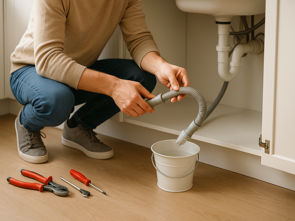 Person detaching a dishwasher drain hose to remove trapped food and debris.