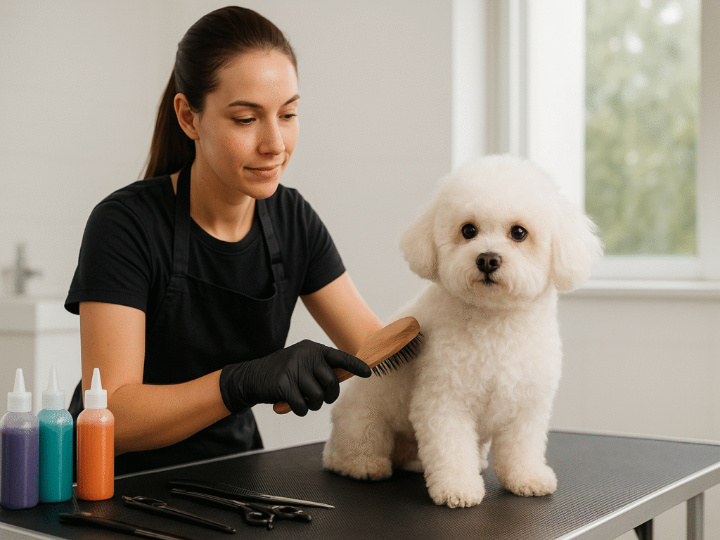 Pet groomer gently brushing a calm dog while wearing gloves, preparing for safe hair dye application.

