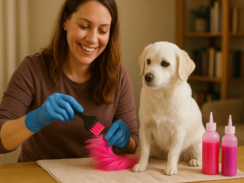 Owner applying bright pink pet-safe dye to a small white dog’s tail at home.