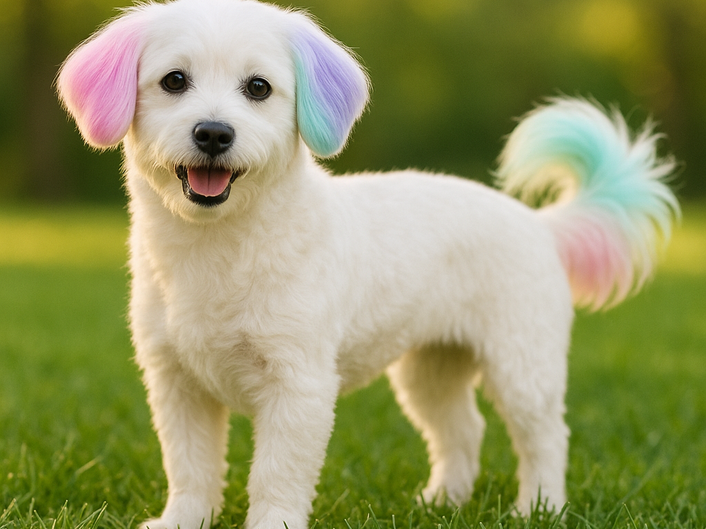 White fluffy dog with pastel rainbow-colored ears and tail, standing on a grassy lawn.