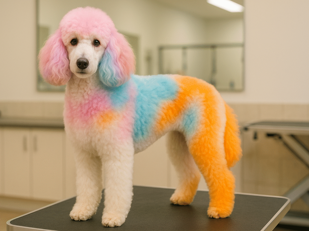 Fluffy poodle styled with colorful creative grooming design.