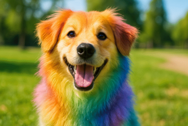 Happy dog with bright, temporary rainbow-colored fur sitting outdoors.
