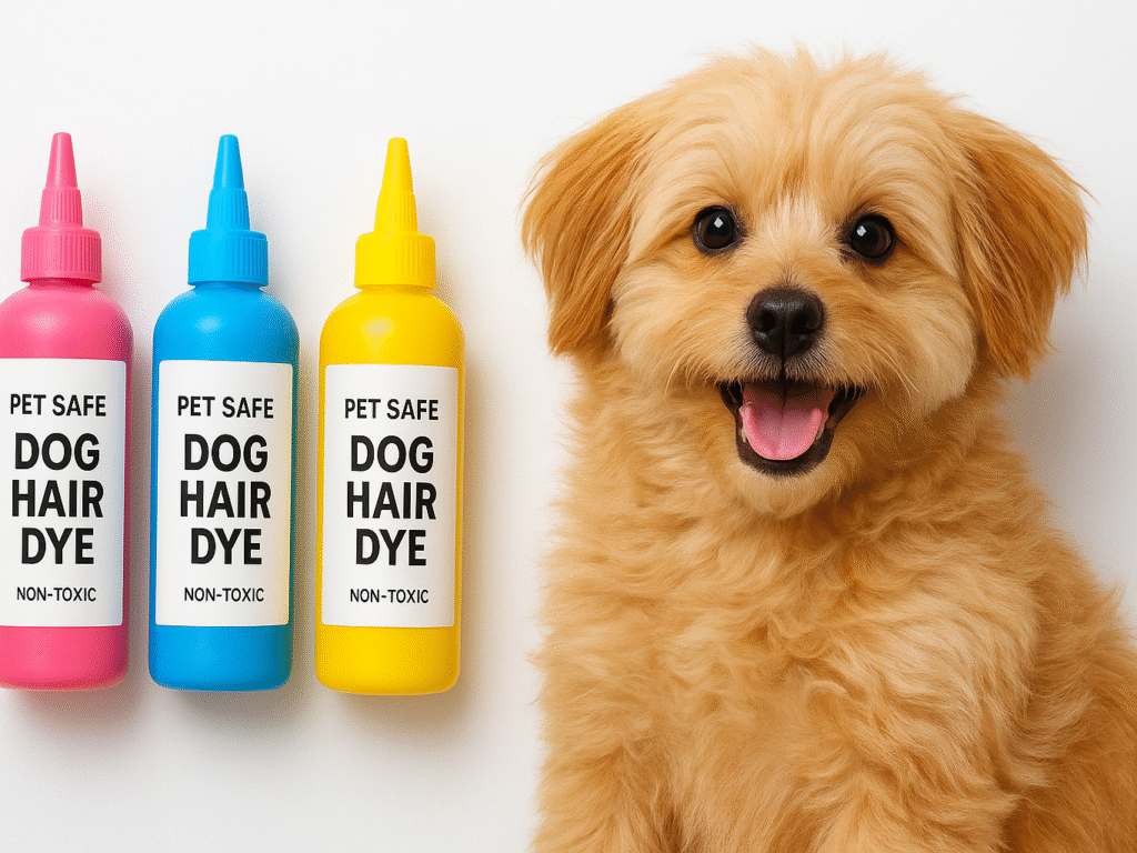 Bottles of safe, pet-specific temporary dog hair dye in bright colors, labeled non-toxic, placed beside a happy small dog.