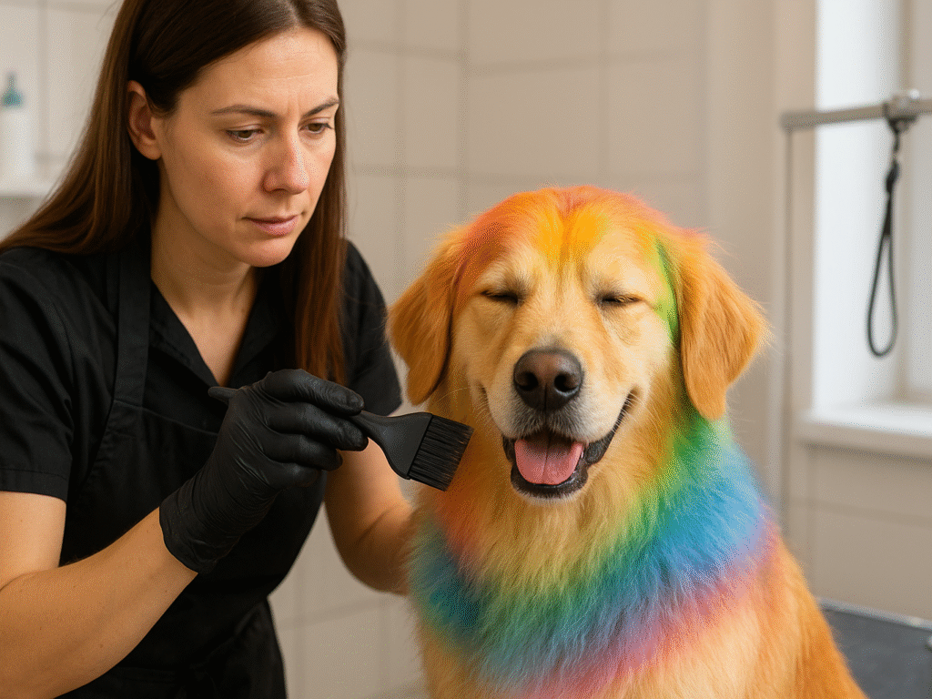 Groomer applying safe, temporary dog hair dye to a calm dog in a pet salon, using a gentle brush.