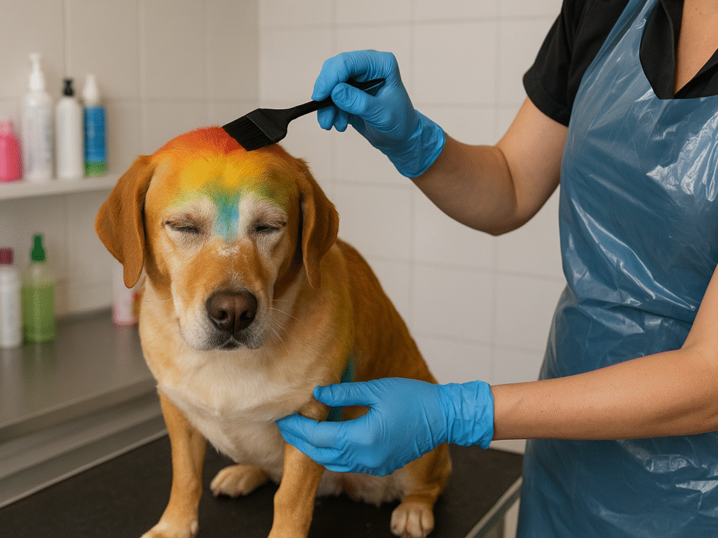 Dog calmly sitting on a grooming table while a person wearing gloves applies temporary hair dye with a brush, pet-friendly products visible nearby.