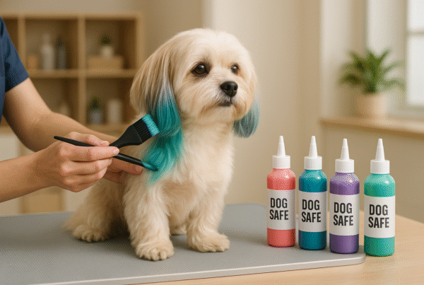 Groomer applying safe, non-toxic hair dye to a calm dog on a grooming table in a clean pet salon.