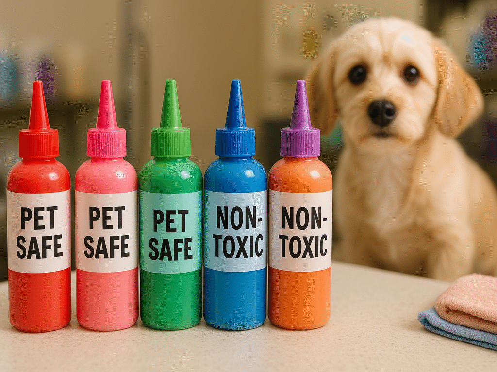 non-toxic dog hair dyes labeled “Pet Safe” on a grooming counter with a curious dog in the background.