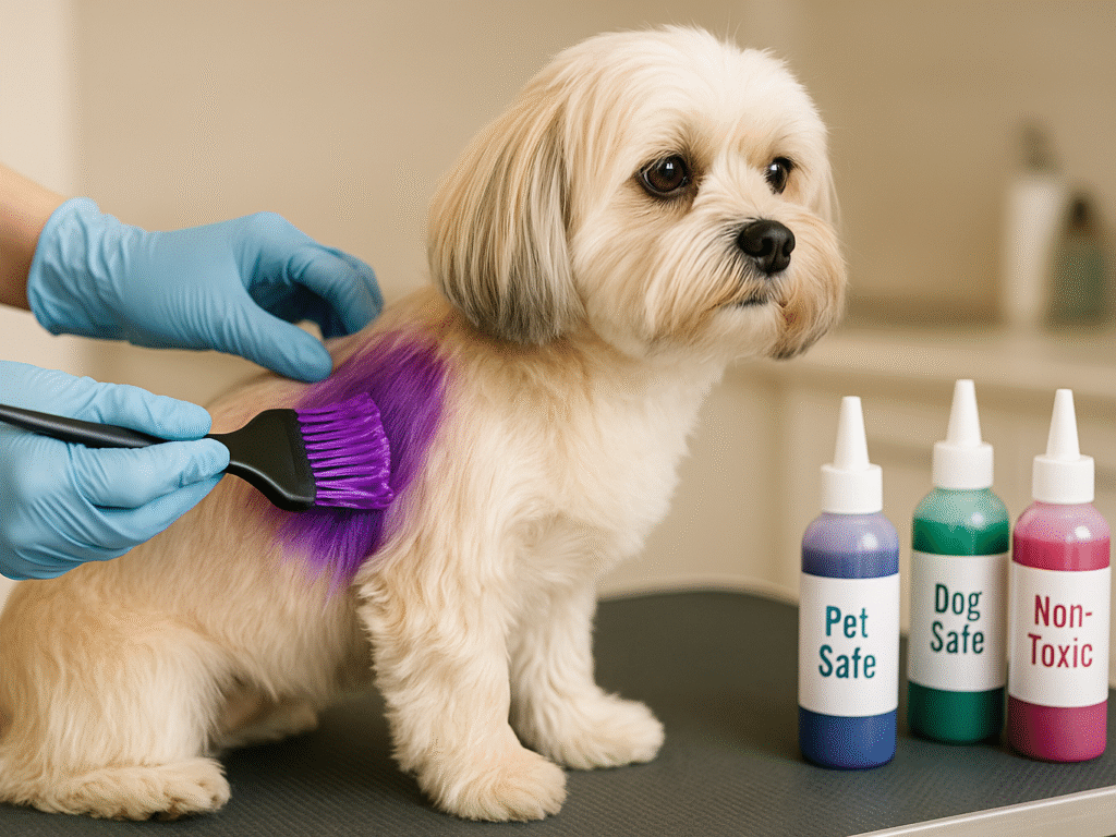 Groomer wearing gloves applying pet-safe dye evenly to a dog’s fur with a brush.