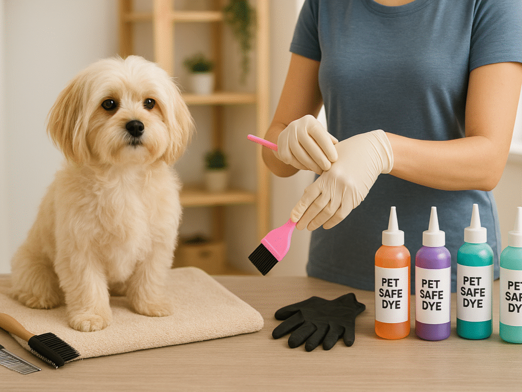 Groomer organizing tools and gently preparing a dog for hair dyeing.