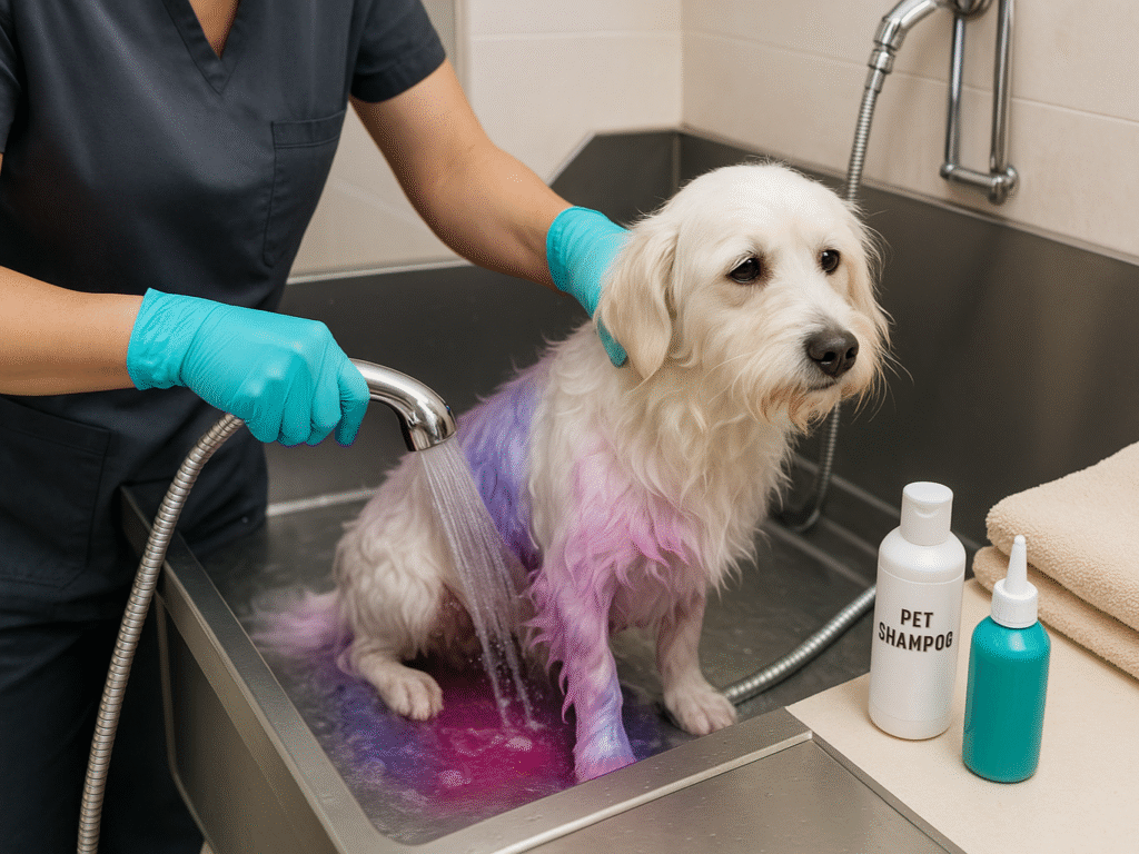 Groomer rinsing colorful dye from a dog’s coat and preparing to dry them with a towel.