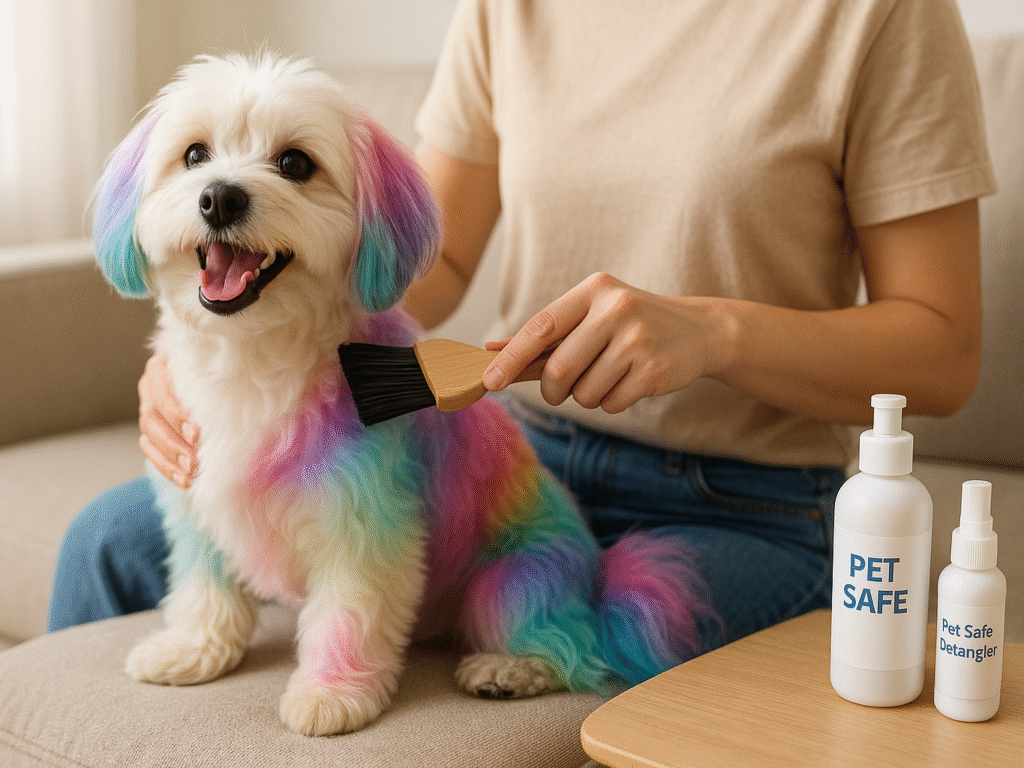 Owner brushing a freshly dyed dog’s colorful coat at home.