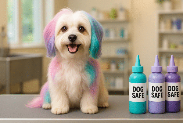 Small dog with colorful, pet-safe dyed fur sitting on a grooming table.