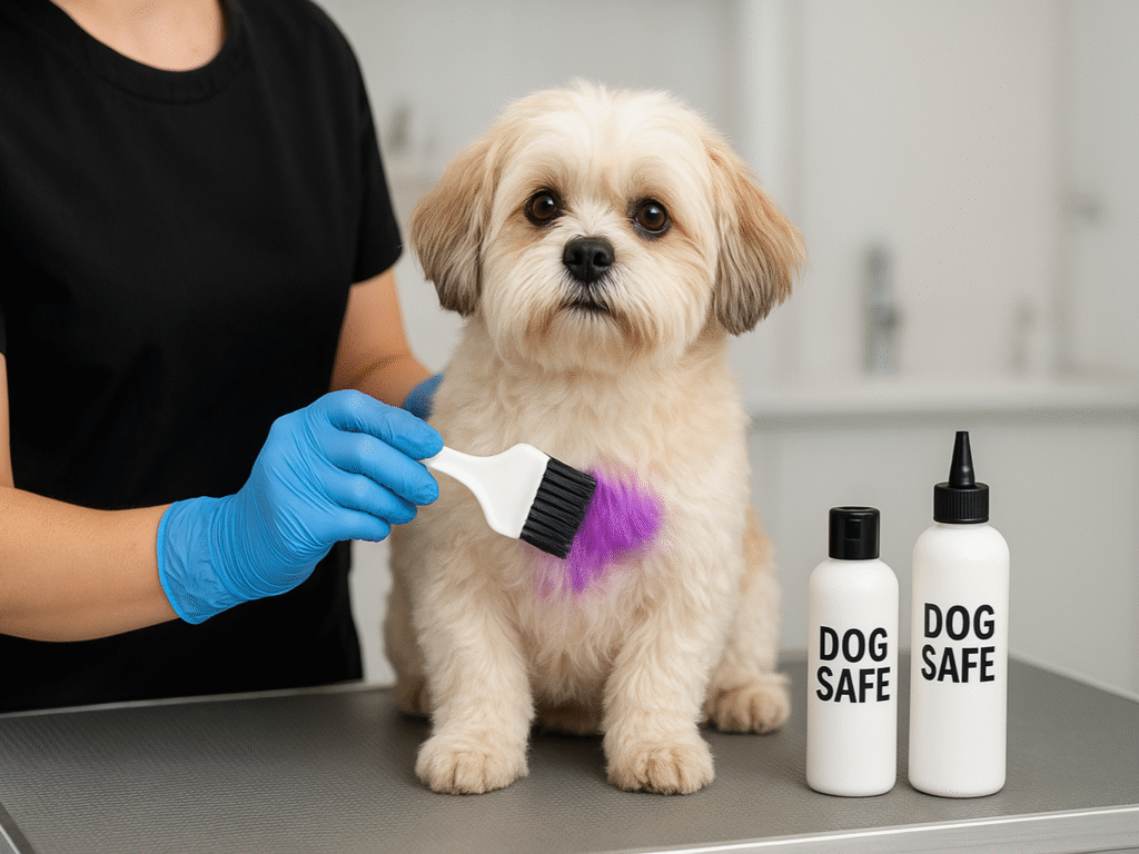 Professional groomer applying pet-safe permanent hair dye to a small dog.