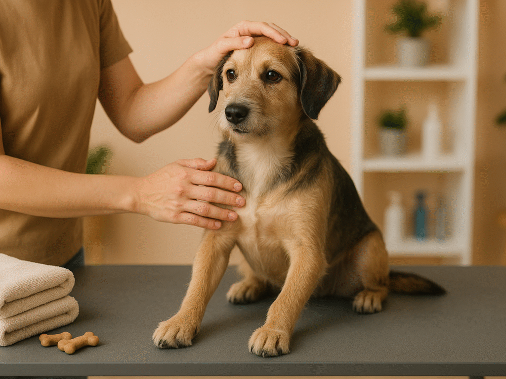 Groomer comforting a calm dog on a grooming table with treats and gentle petting before applying dye.