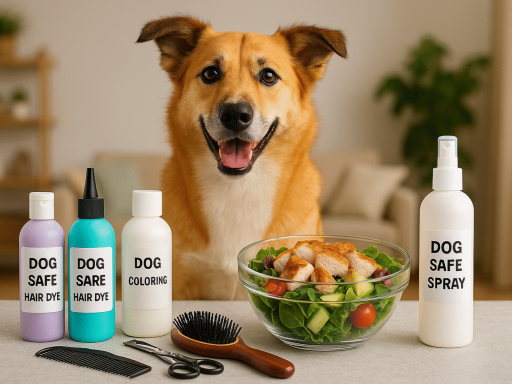 A healthy dog sitting next to pet-safe hair dye products and grooming tools.