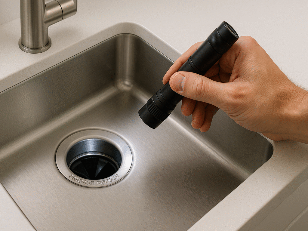 Person inspecting garbage disposal drain with a flashlight to find source of smell.