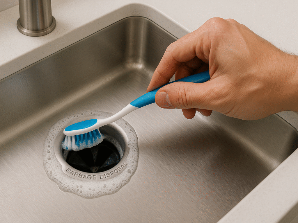Person scrubbing garbage disposal rim with toothbrush and dish soap to remove grime.