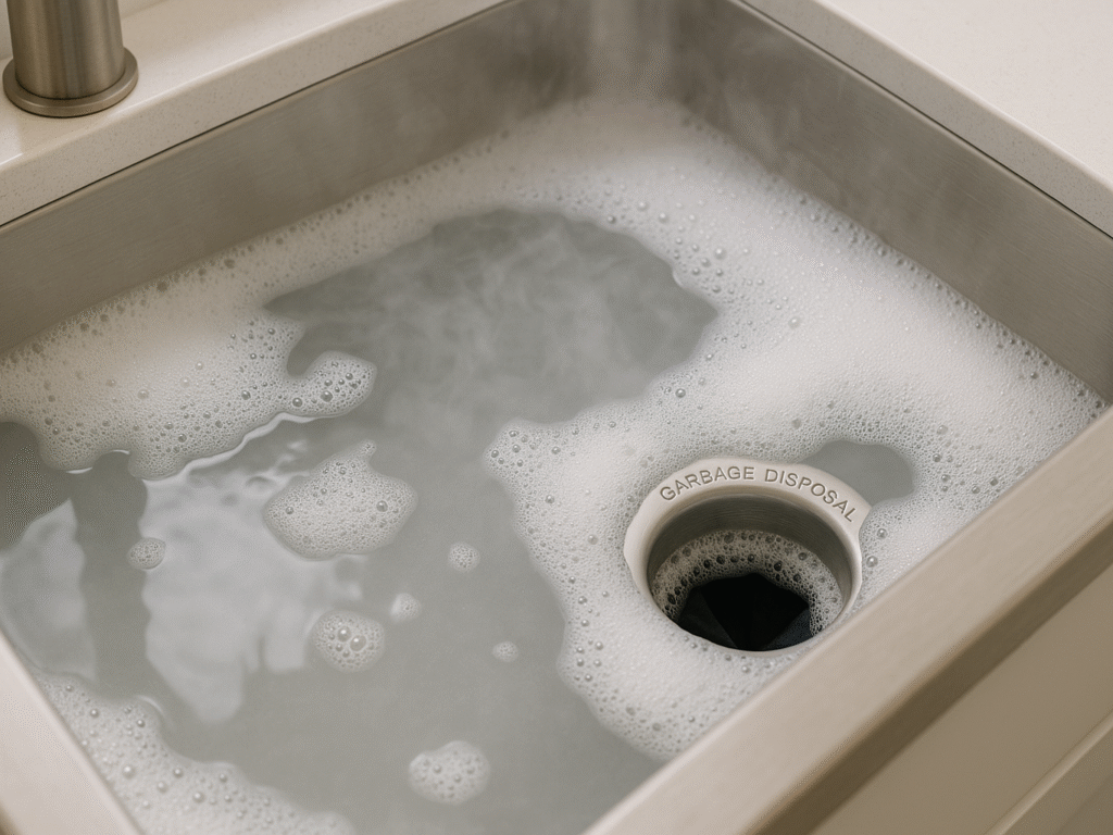 Hot, soapy water filling a stainless steel sink.