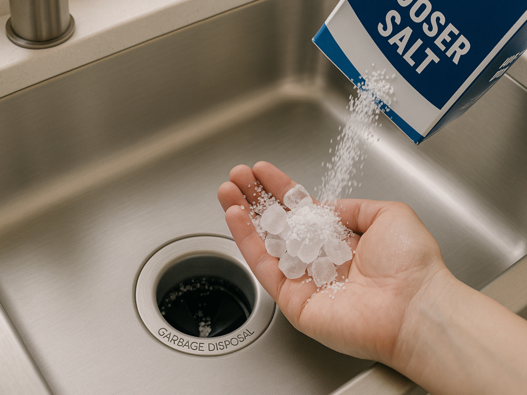 Ice cubes and coarse salt being added into a garbage disposal to scrub away grime and odors.