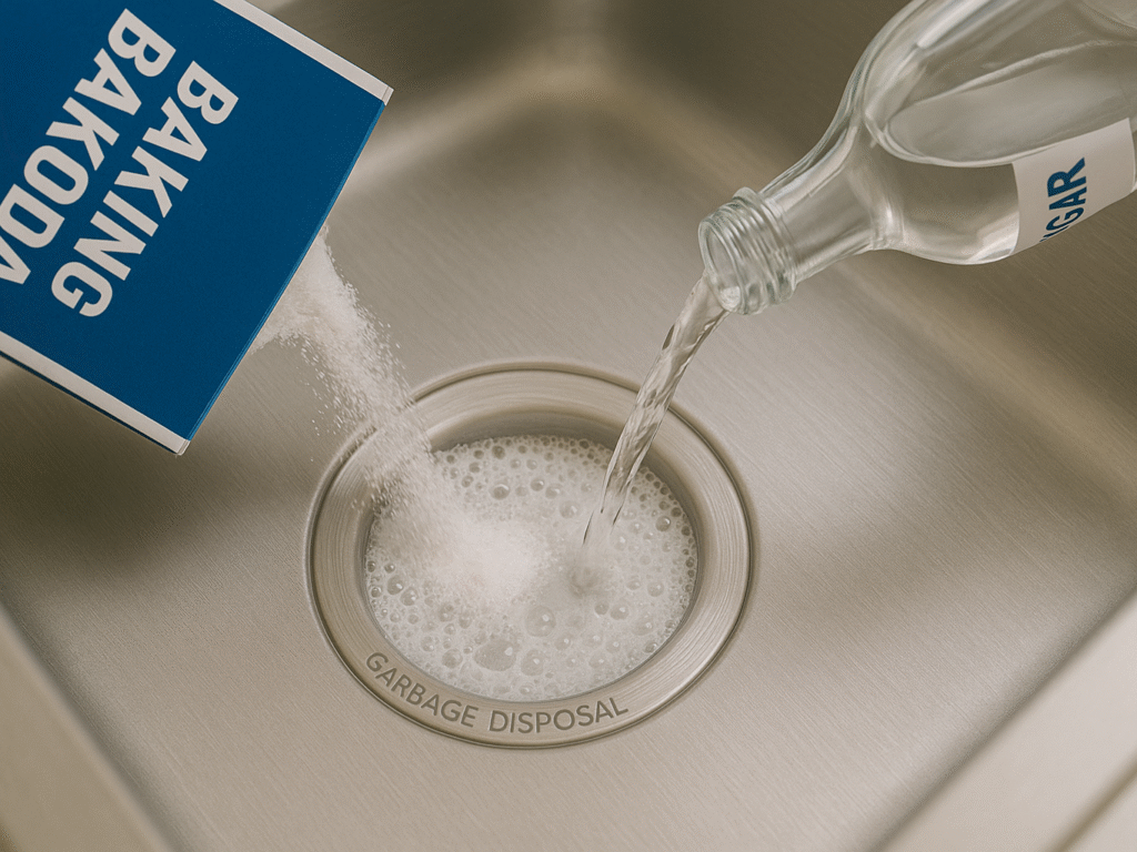 Baking soda and vinegar creating a fizzy reaction inside a garbage disposal.