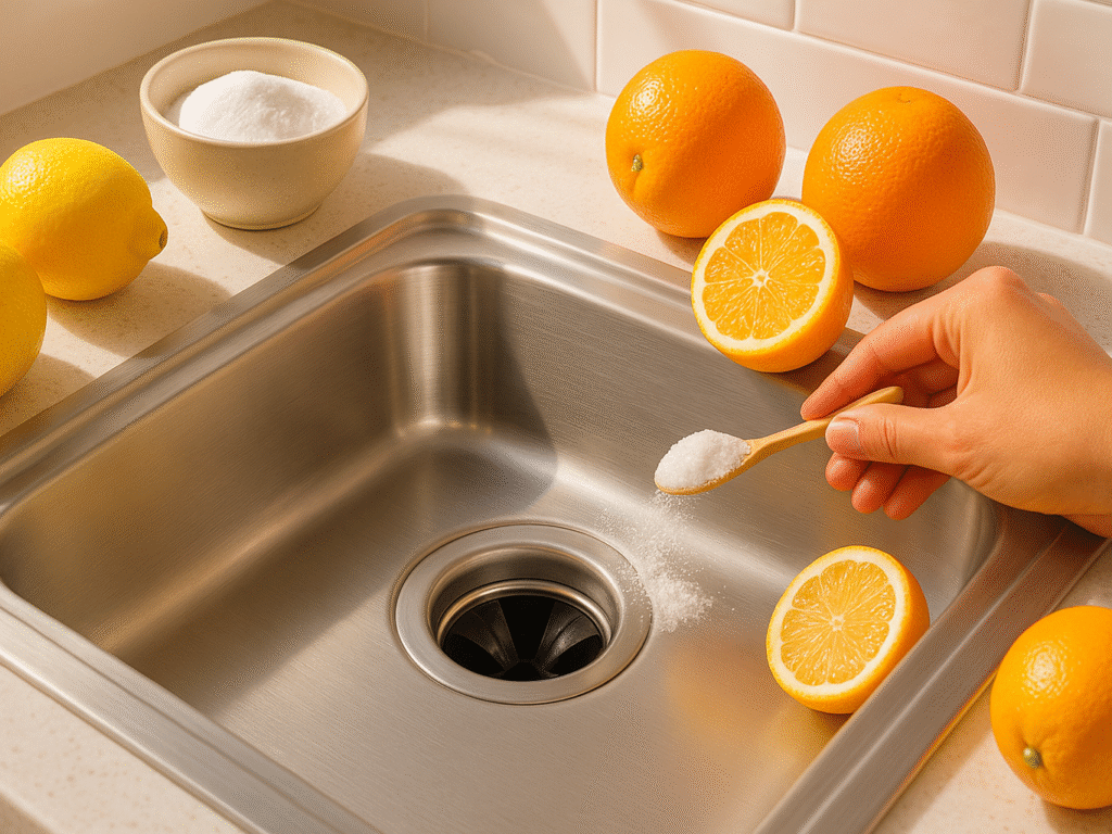 Sparkling clean kitchen sink with citrus, baking soda, and vinegar.