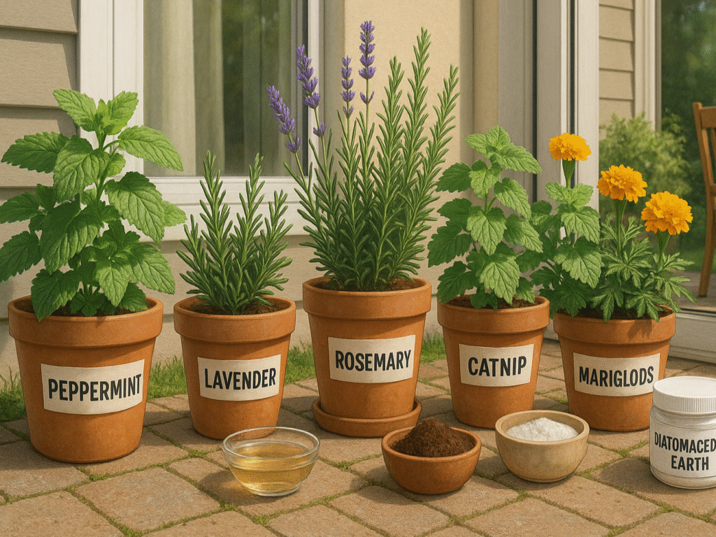 “Potted ant-repelling plants combined with natural remedies like vinegar and coffee grounds.