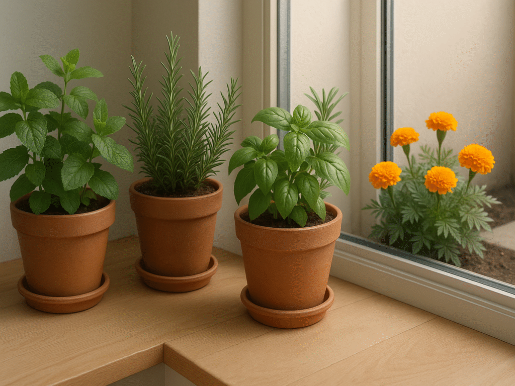 Fresh green plants in a home garden that naturally repel ants.