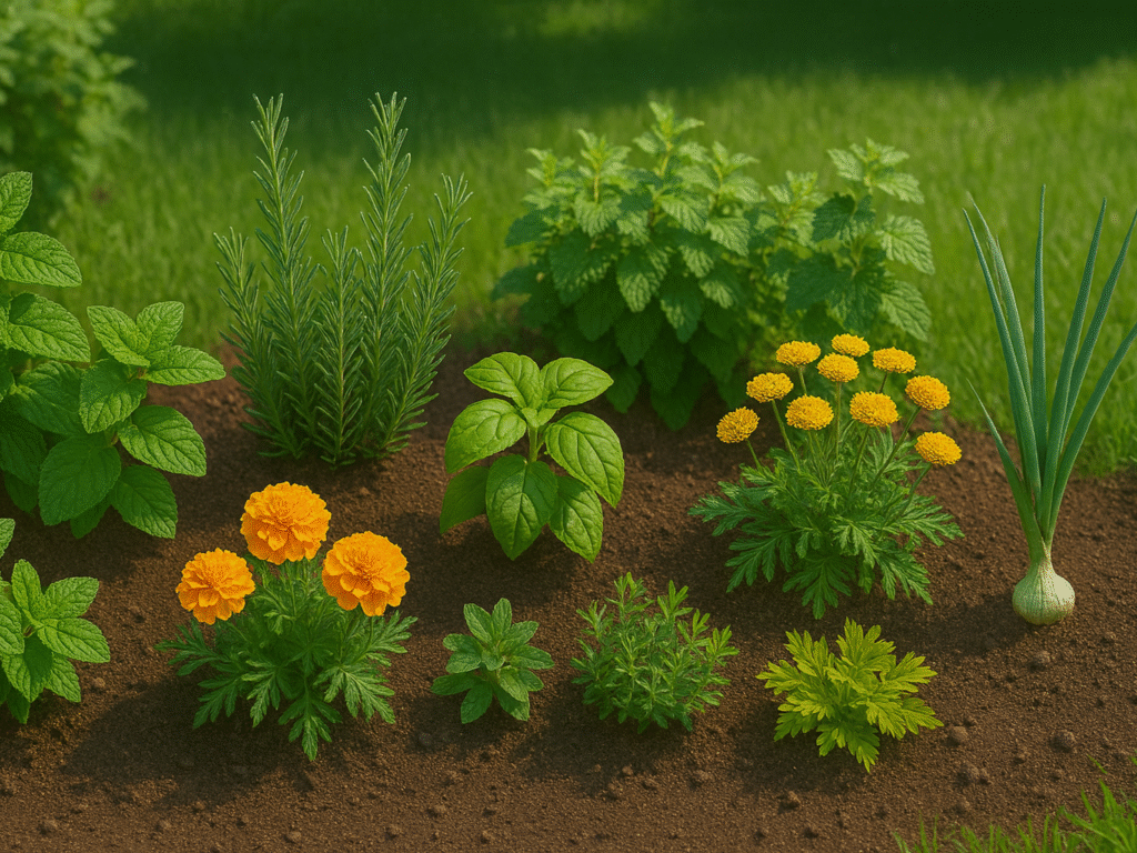  backyard garden with mint, lavender, basil, rosemary, marigold, catnip, sage, thyme, pennyroyal, and tansy growing together in harmony.