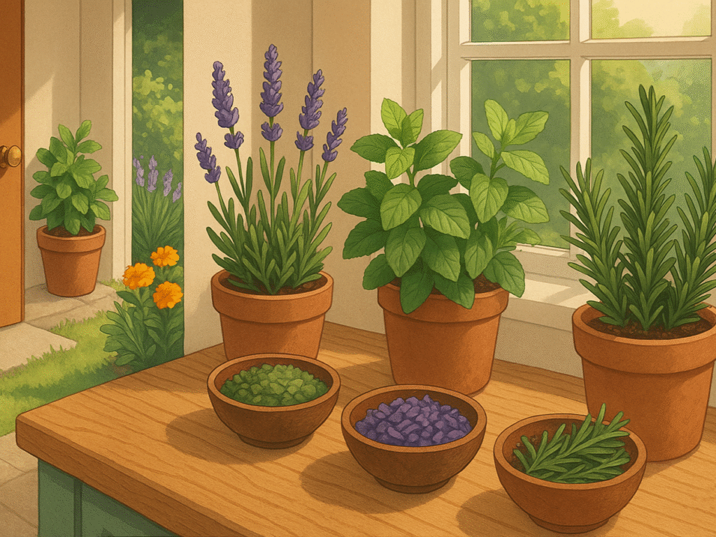 Crushed ant-repellent herbs in small containers and potted plants placed near windows and doors.