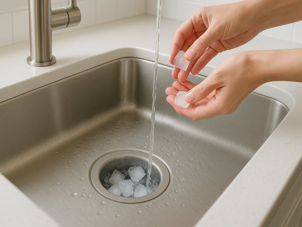 Ice cubes and cold water used together to clean a garbage disposal.
