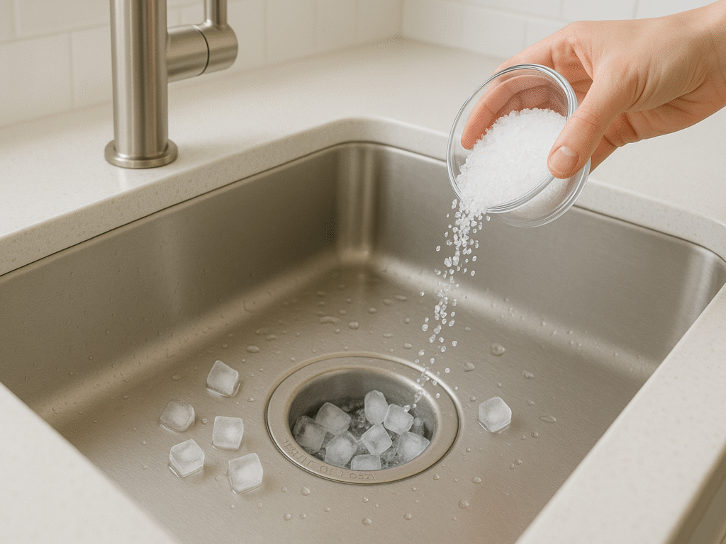 Ice cubes and lemon wedges used together to clean a garbage disposal.
