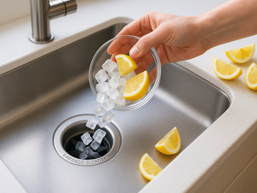 Garbage disposal grinding ice cubes and lemon wedges for cleaning.