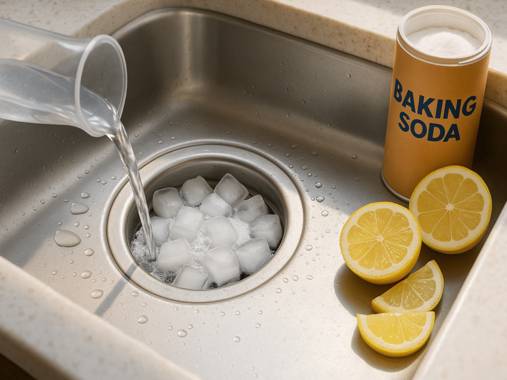Step-by-step process of cleaning a disposal with ice, baking soda, and vinegar.