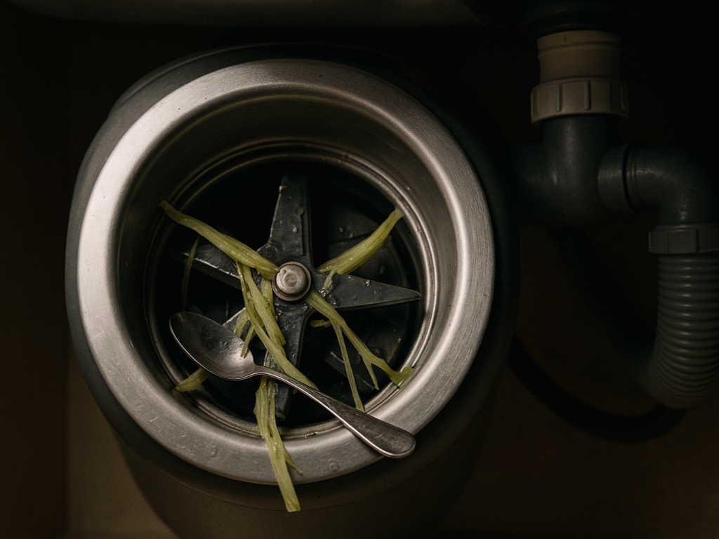Close-up view of a garbage disposal with food scraps and a metal spoon stuck in the blades.