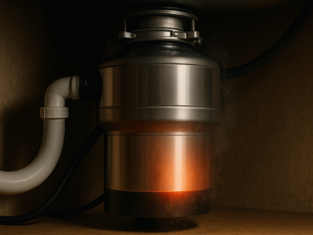 Garbage disposal unit under a kitchen sink with motor overheating warning.