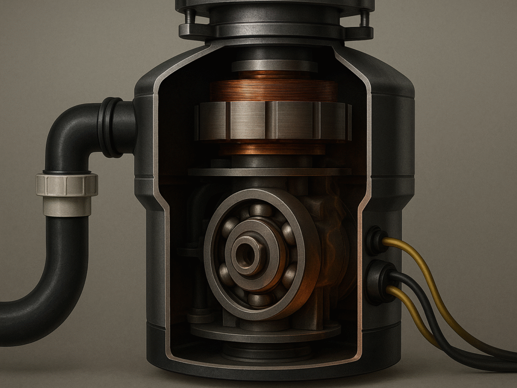 a garbage disposal unit showing worn motor bearings and internal parts with heat damage.